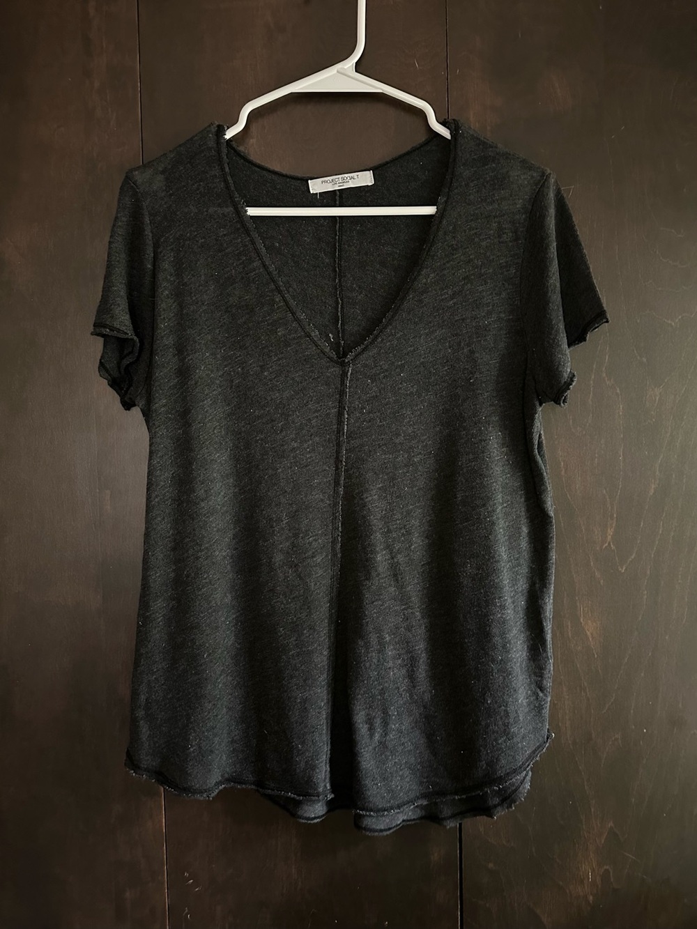 Project Social T Black V-Neck Short Sleeve Tee with Raw Hem